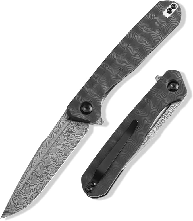 KANSEPT Qilin Pocket Knife3.24'' Damascus Sharp Blade Black Rose Carbon Fiber Handle for Edc Flipper and Liner Lock with Double-Sided Clip Men Camping Survival Folding Knives K1047A2