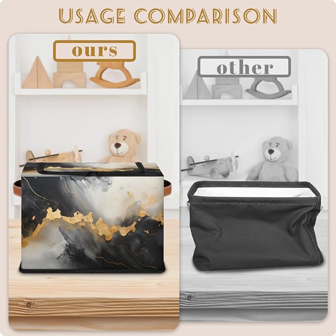 Marble Storage Bins with Zipper Lid Gold Black Marble Fabric Lidded Storage Baskets Cubes with Handles Decorative Foldable Shelf Closet Organizer Container