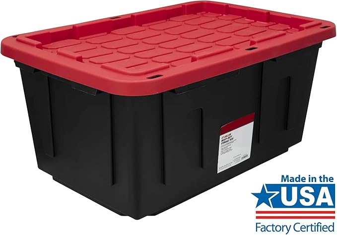 27 Gallon Industrial Storage Tote with Snap-On Lid Black and Red Plastic Bin 28.5 x 19.6 x 15.5 Inches 4 pack (4 red)