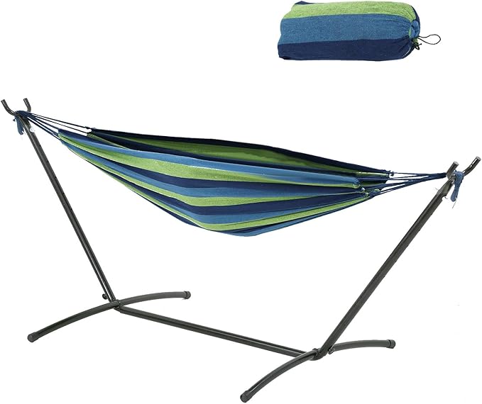 Double Hammock with Space Saving Steel Stand(450 lb Capacity - Premium Carry Bag Included)Portable Hammock with Heavy Duty Steel Stand for BackyardCamping or GardenBlue
