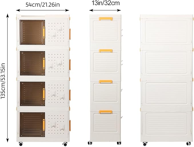 Foldable Storage Bins 4-Layer Stackable Storage Box with Lids Collapsible Storages Cabinet on Wheels Large Plastic Organizer Containers Transparent Closet Case Portable Solution White