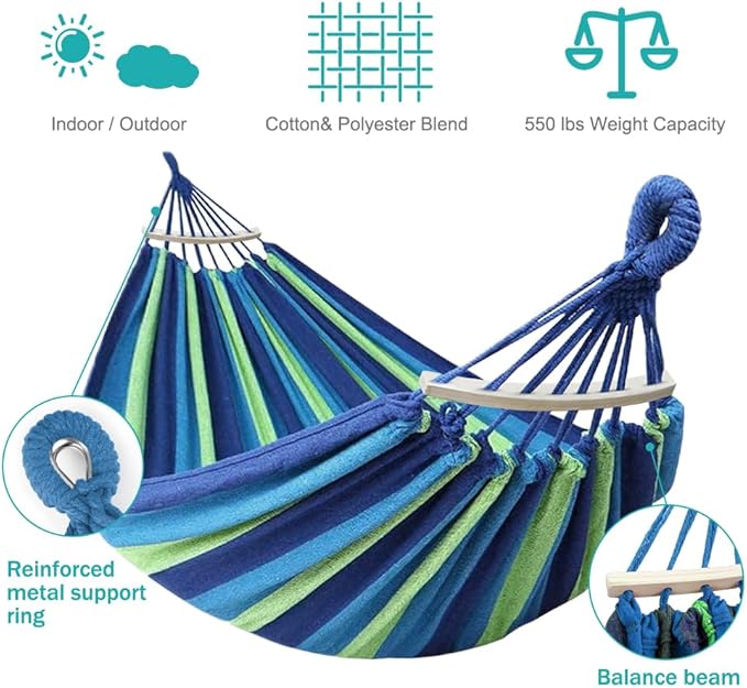 MOSFiATA Hammocks Portable Camping Hammock Upgraded 550lb Comfortable Fabric Hammock with Two Anti Roll Balance Beam and Sturdy Tree Straps for Camping Patio Backyard Outdoor （Blue Green）