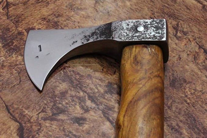 High Carbon Steel Voyager Axe Tomahawk Bearded Hiking Battle Axe 14 Inches Long with Rose Wood Round Handle Thick Cow Hide Leather Sheath