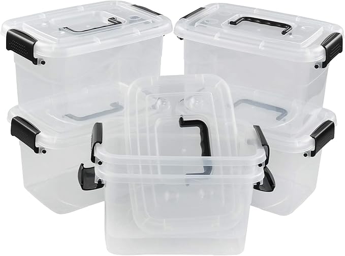 5 Quart Clear Storage Bin Latching Box Container with Black Handle 6 Packs