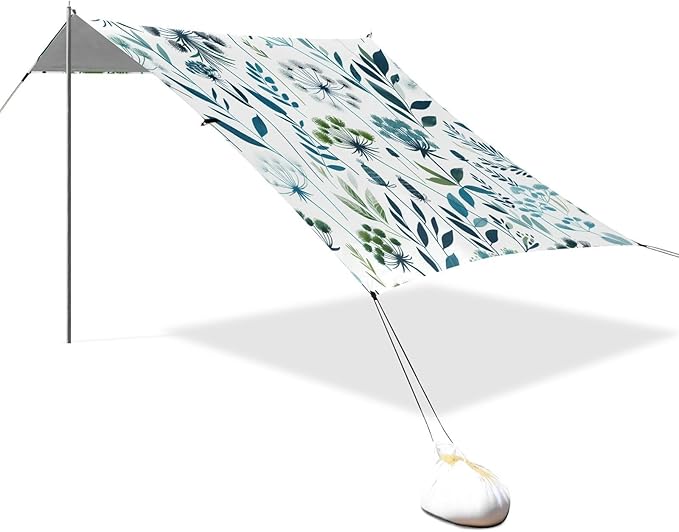 Elegant Botanical Flowers Beach Tent Sun Shelter Set UPF50+ UV Protection 10.5 x 9.19 FT Camping Shade Canopy with Sandbags Sand Anchors Carrying Bag and Others