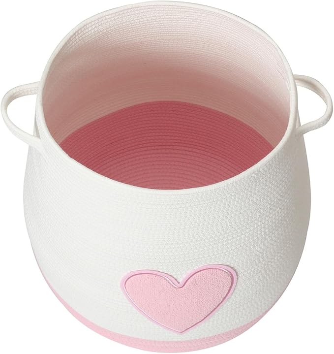 Cottonphant 20 x 20 Extra Large Cotton Rope Storage Basket with Lid – Flagon Design – Perfect for Clothes Blankets and Living Room Organization (Pink Heart 20x20)