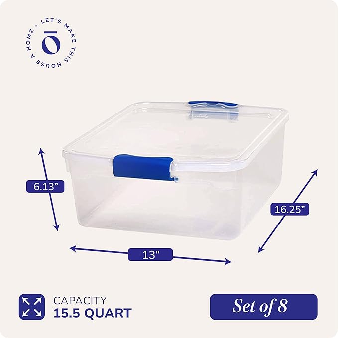 HOMZ 8-Pack Secure Latch Clear Plastic Storage Organizer Bins 15.5 Quart Blue Latches - Stackable Organizing Containers for Home Garage and Office