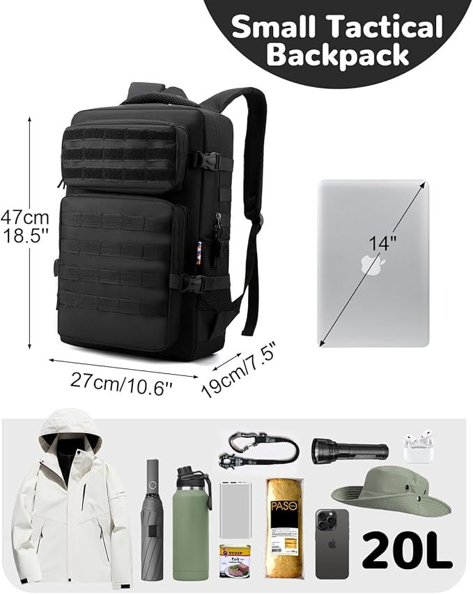 20L Small Tactical Backpack with Molle System for Men Waterproof Military Backpack for Hiking Camping Traveling Mens Work Backpack with Multipockets Black