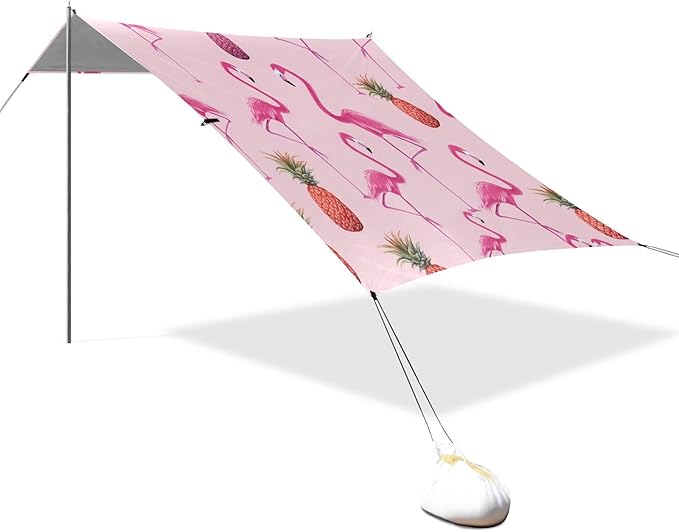 xigua Flamingos Beach Tent Sun Shelter with Carrying Bag - Silver Coated Oxford Fabric Beach Canopy for Beach Camping Fishing - Includes Windproof Ropes Sandbags &amp Stakes
