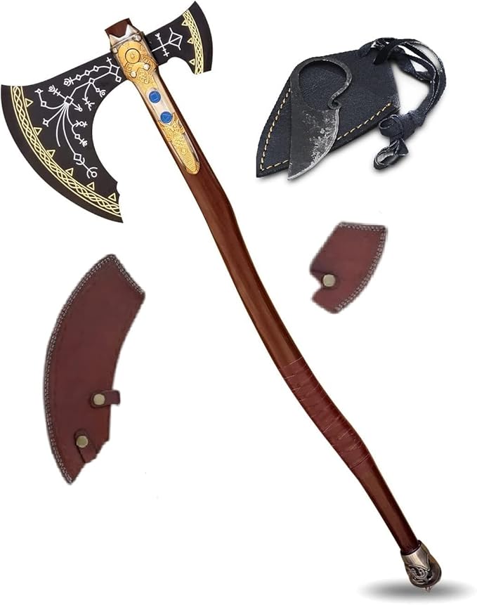 Forest Hunting | Hand Forged Carbon Steel Kraatos Axe -GOW Axe Seax viking axe Functional Axe with Leather Sheath Gifts for Men (Kraatos Axe (Golden))