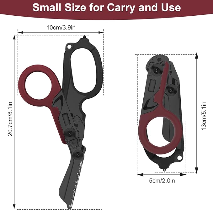 6-in-1 Heavy-Duty Emergencytrauma shears Folding Retractable Emergency Shears Outdoor Camping Tools Seat Belt Cutter Complimentary Adjustable Wrench (Electroplated black and red)