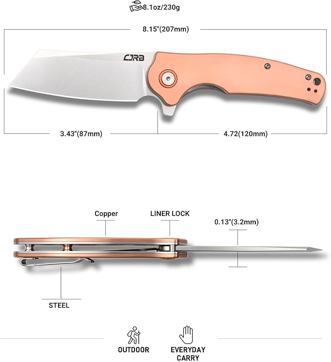 CJRB Crag Folding Pocket Knife 3.43 D2 Steel Blade Copper Handle EDC Knife with Pocket Clip for Men Women Camping Survival Hiking Stone Wash (J1904)
