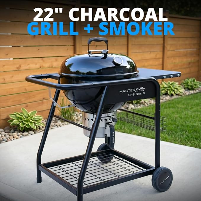 SnS Grills 22-Inch Charcoal Grill and Smoker — MasterKettle with Patented Slow ‘N Sear Deluxe Insert 304 Stainless EasySpin Grate Integrated Side Table 10-Year Warranty.