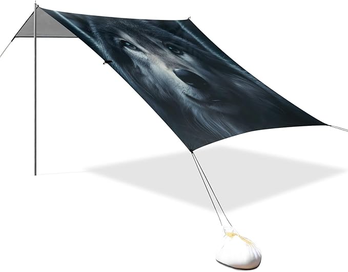 ALAZA Wolf Head Animal Beach Tent Sun Shelter UPF50+ Protection Beach Shade Canopy w/ 4 Sandbags for Outdoor Camping Fishing Backyard Fun Picnic 10x9 ft