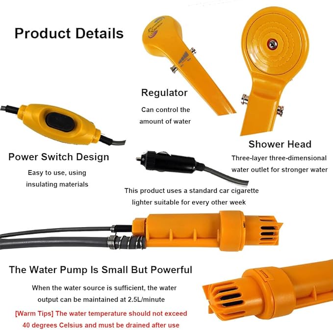 Car ShowerPortable Camping ShowerRegulatorThree-Layer Three-Dimensional Water OutletAbs+Rubber Material12v Camp Shower Headfor Pet BathCar Washing