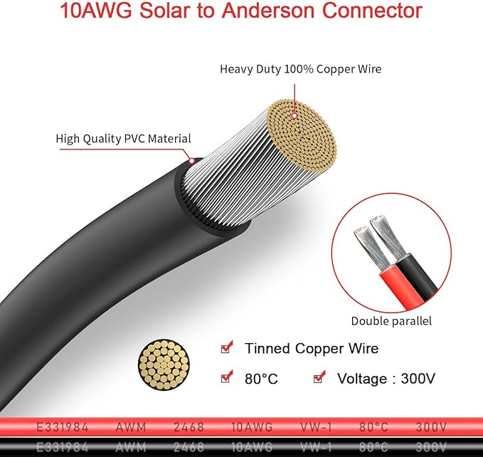 ELFCULB 10AWG 20FT Solar Panel Cable to Anderson Connector 2 6 10 20 35 50FT Solar Extension Cable for Portable Power Station Solar Generator Battery Pack(20FT)