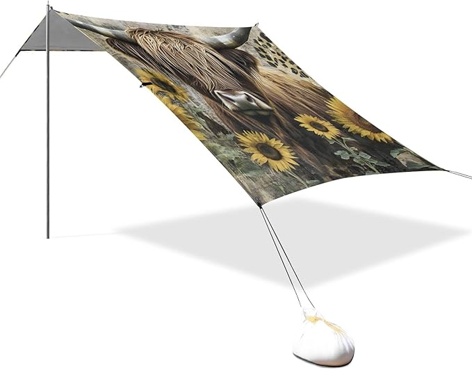 ALAZA Highland Cattle Sunflower Retro Beach Tent Sun Shelter Portable Canopy Sunshade for Outdoor Camping Picnics Backyard Fun 10x9 ft