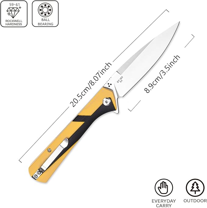 Sitivien ST123 Folding Knife D2 Blade and G10 Handle EDC Tool Knife with Pocket Clip for Outdoor Camping EDC(Yellow)