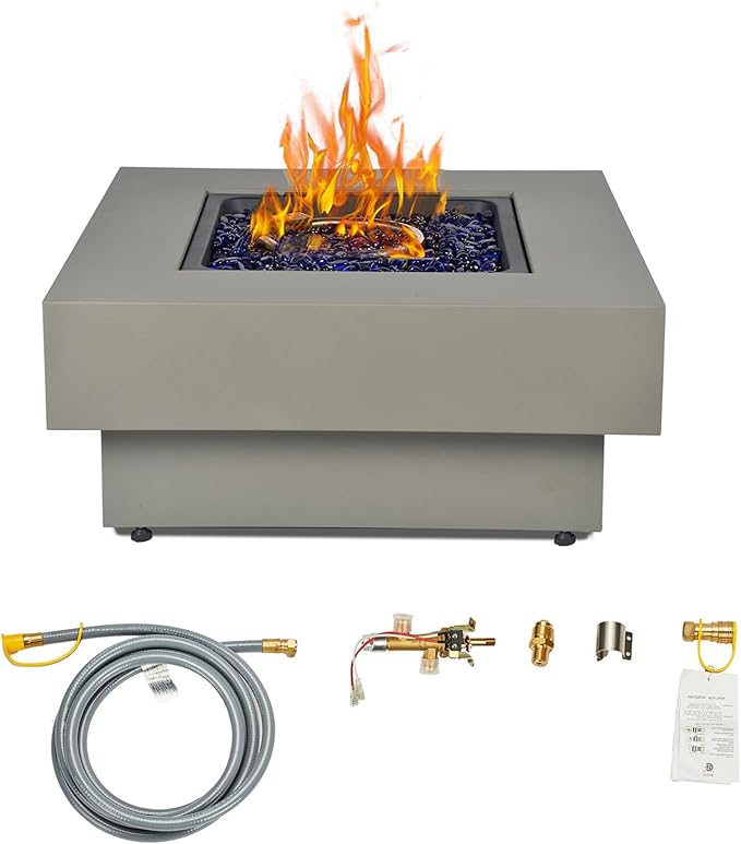 32.5-inch Fire Table with Natural Gas Conversion Kit 50000BTU Outdoor Modern Patio Fire Pit Table w/Square Burner Lid Glass Rocks Cover