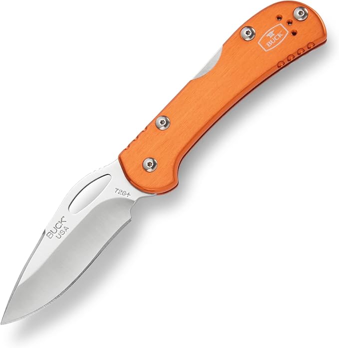 Buck Knives 726 Mini Spitfire Folding EDC Knife 2-3/4” Pocket Knife Blade Lockback Design Aluminum Handles 420HC Stainless Steel Drop Point Folding Blade Made in the USA Orange 2.1 oz