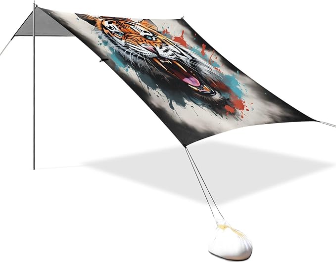 ALAZA Roaring Tiger Watercolor Beach Tent Sun Shelter UPF50+ Protection Beach Shade Canopy w/ 4 Sandbags for Outdoor Camping Fishing Backyard Fun Picnic 10x9 ft
