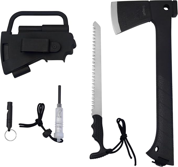 Camping Axe and Hatchet Multi-Tool – 14 Survival Outdoor Axe Includes Handsaw Fire Starter Sheath Fishing Kit &amp Whistle – Compact Tool for Camping Hiking &amp Bushcraft