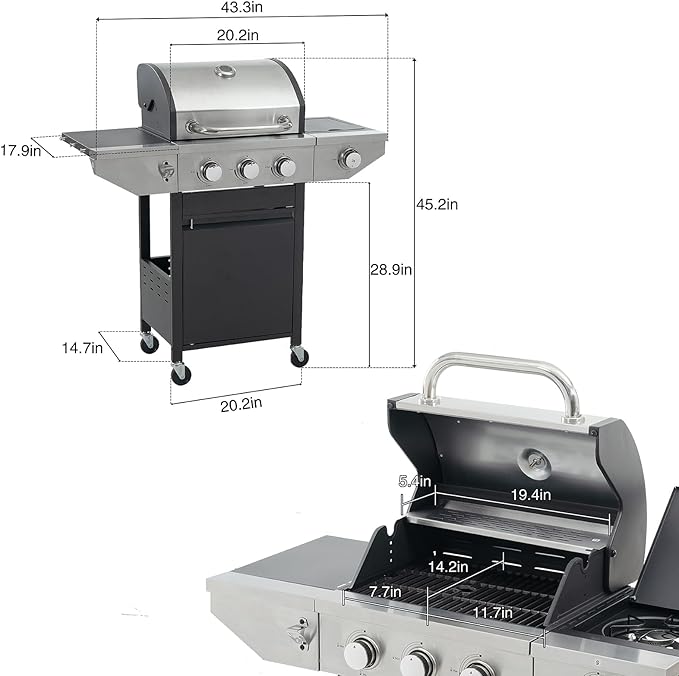 Endark 3-burner Propane Gas Grill | 37000 BTU Stainless Steel with Side-iFre Function | with Enameled Cast Iron GrateThermometer and Side Stand Wheels | Great for Patio and Garden Outdoor Cooking