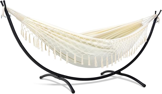 SUNCREAT Portable Outdoor Hammock with Stand Included Double Hammock with Tassel for Outside Beige