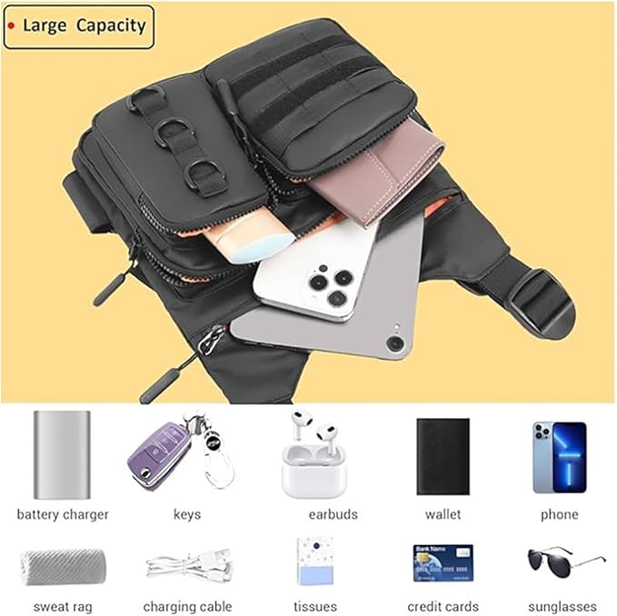 Tactical-style multifunctional chest pack with built-in phone holder EDC Rig Pouch vest for fitness running and cycling. (gray ONE SIZE)