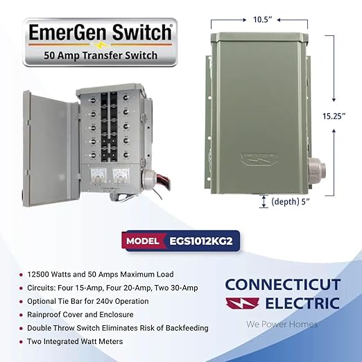Connecticut Electric EmerGen Transfer Switch - 50 Amp 10-Circuit 12500 Watts for Generator (Transfer Switch Only)