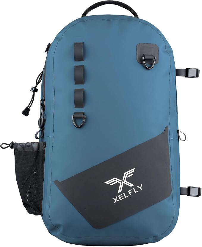 Waterproof Fishing Backpack with Rod Holder Inflatable Air Valve Padded Waist Straps &amp Gear Loops - Submersible Zipper Rugged Top Handle Adjustable Attachments (Blue)
