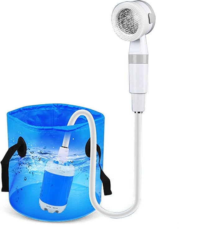 Portable Camping Shower Outdoor Camp Shower Pump Upgrade Rechargeable Electric Showing Pump with 2 Spray Modes 2M Long Hose for Camping Hiking Traveling RV
