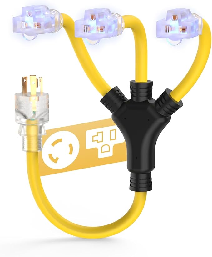 TOOLIOM 30 Amp Generator Adapter Cord Power Splitter NEMA L5-30P to 3 x 5-15R/5-20R Household Plug ETL Listed Generator Extension Cord 125V 3750W Stow 12AWG/3C (2 FT)