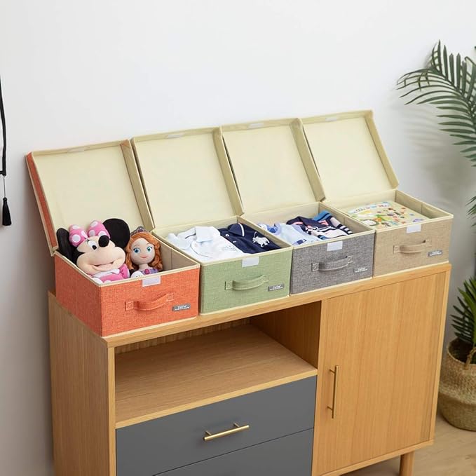 YueYue Small 4 Pack Fabric Stroage Box with Lids Linen Foldable Stroage Box with lids 4 Color Set 12.4in/12in/6.7in