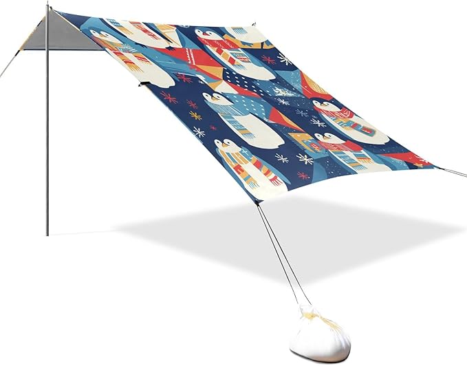 Christmas Penguin Foldable Beach Cabana UPF50+ Waterproof Large Sun Shelter with Sandbags and Shovel for Backyard and Camping