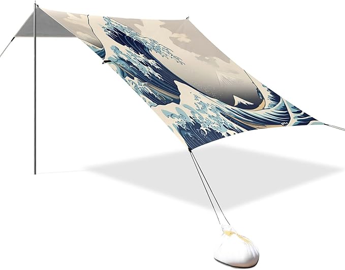 Waves Beach Canopy Sun Shelter with Sandbags &amp Sand Shovel &amp Windproof Ropes - Portable 110x126 Beach Shade Beach Tent for Camping Picnics