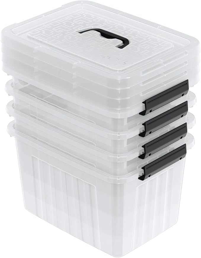 Set of 4 Storage Bins with Latch Lids Clear Plastic Storage Box with Handle 18 L