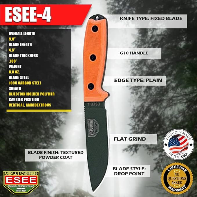 ESEE 4P Survival Knife - Field Tested Fixed Blade Knife with Molded Polymer Sheath &amp Clip Plate Full Tang Plain Edge - Durable Outdoor Camping Blade with Sheath for Survival