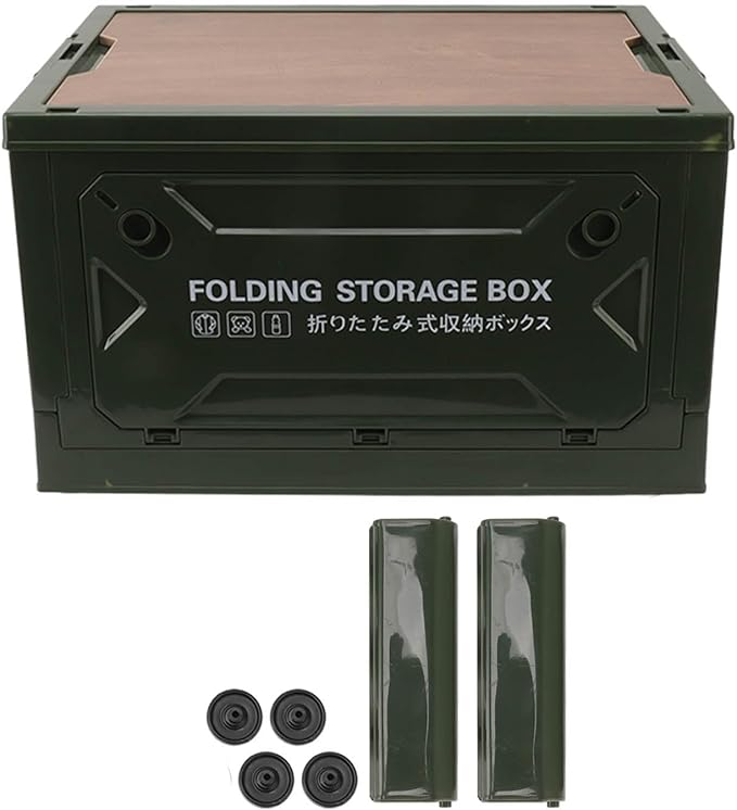 Dioche Camp KitchFolding Camping Storage Box with Wooden Lid - 50L Collapsible Container with Wheels for Easy Transport - Durable PP and MDF Material - Ideal for Camping Picnic and (OD Green)