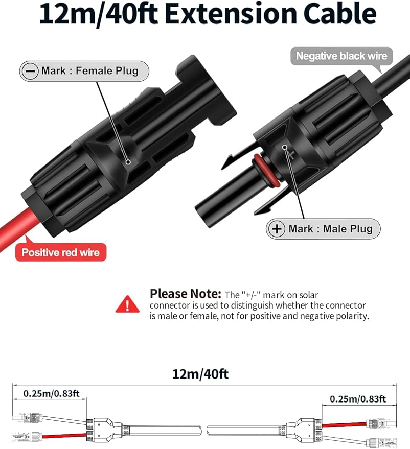 40Ft 10AWG Solar Extension Cable - Tonton 6mm² One-Piece Upgrade Integrated Wire Solar Cable with Male and Female Connectors Waterproof PV Wire for Home Boat and RV Solar Panel (10AWG 40FT 12M)
