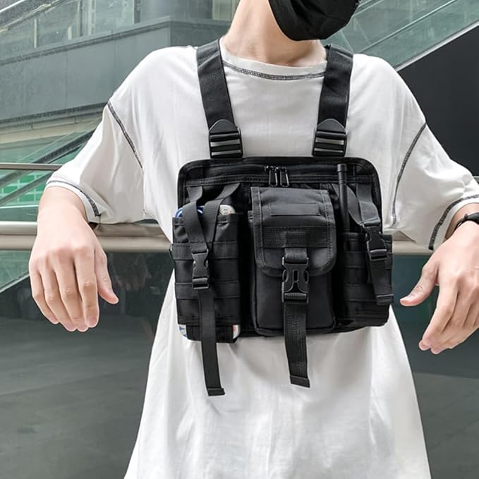 MiOYOOW Sports Chest Bag Waterproof Front Chest Bag 2-Way Zipper Chest Tactical Pack with 4 Pockets Divided Storage for Workouts Running Cycling