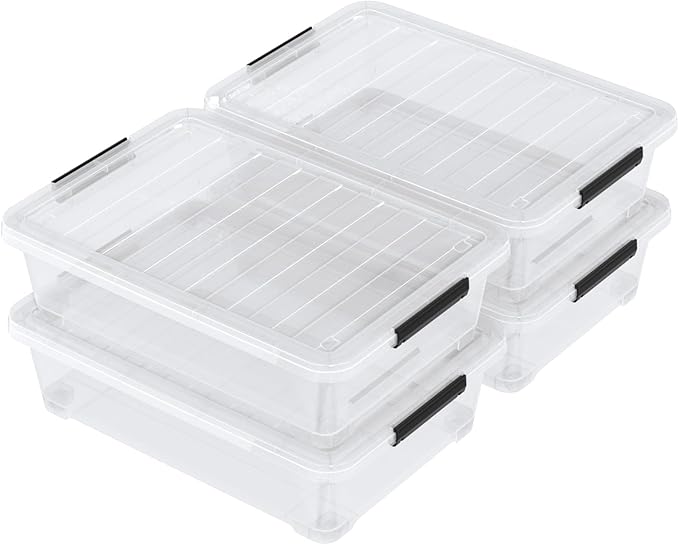 40 Quart Plastic Underbed Storage Boxes Large Clear Storage Bin with Wheels 4 Packs