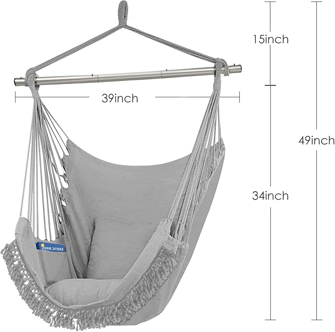 Gold Armour Hammock Chair Hanging Rope Swing Max 500lbs 2 Seat Cushions Included Hanging Chair with Pocket-Quality Cotton Weave for Superior Comfort &amp Durability (Gray)