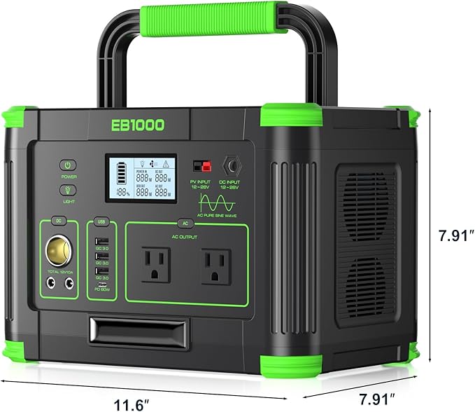 Solar Generator 1000W (Peak 2000W) 999Wh Portable Power Station with 110V Pure Sine Wave AC Outlets 60W USB-C PD Fast Charging for Home Backup RV Camping Travel &amp Emergency Off-Grid Living