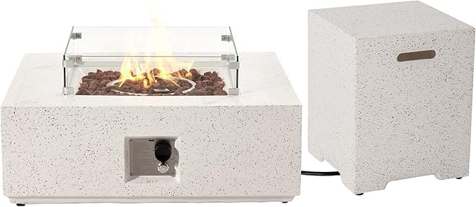 COSIEST 35-inch Square Outdoor Sandstone Propane Fire Pit w Wind Guard and Side Table Certified 50000 BTU Stainless Steel Burner Free Lava Rocks and Rain Cover Metal Lid(Beige)