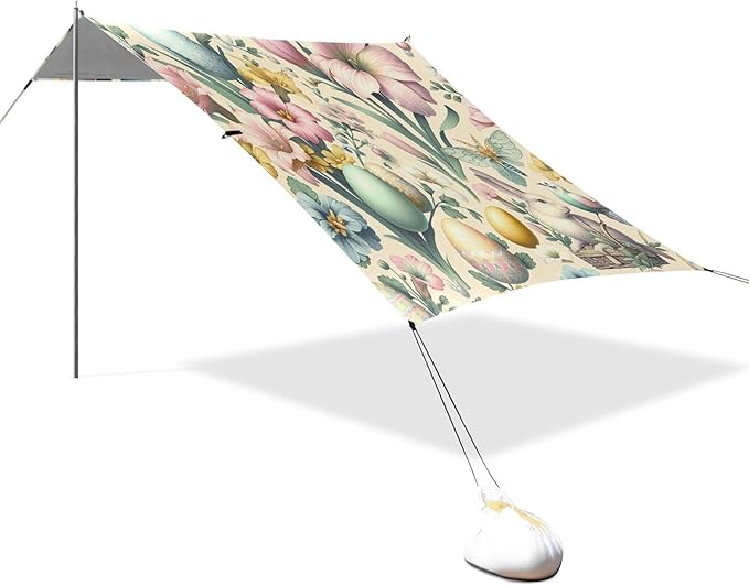 Easter Day Floral and Eggs Beach Tent Sun Shelter Set UPF50+ UV Protection 10.5 x 9.19 FT Camping Shade Canopy with Sandbags Sand Anchors Carrying Bag and Others