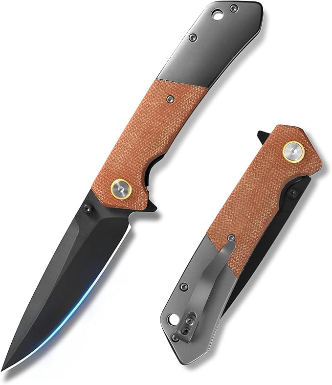 Pocket Knife For Men Folding Pocket Knife With 3.77 Sandvik 14C28N Blade &amp Micarta Handle Flipper Knife With 2-way Assisted Opening EDC Knife With Deep Pocket Clip For Hunting Camping