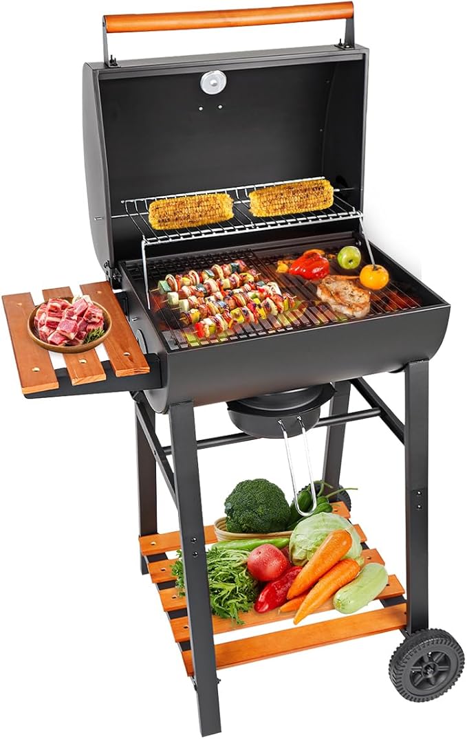 Charcoal Grill with Temperature Gauge - Large Outdoor Barrel Barbecue Grill with SideTable 406 sq in Cooking Space for 6-10 People ldeal for Camping and Backyard BBQ