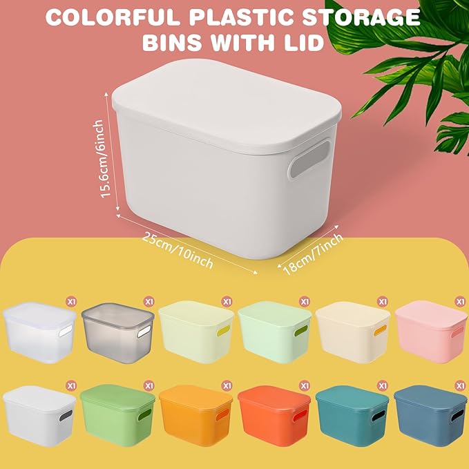 Thyle 12 Pack 7 Quarts Plastic Storage Bins Stackable Baskets with Lid and Handle with Label Colorful Desktop Box Toy Containers for Classroom Shelf Bedroom 10 x 7 x 6 Inch (Classic Color)