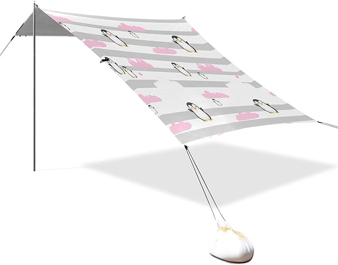 Penguins Beach Canopy Sun Shelter with Sandbags &amp Sand Shovel &amp Windproof Ropes - Portable 110x126 Beach Shade Beach Tent for Camping Picnics